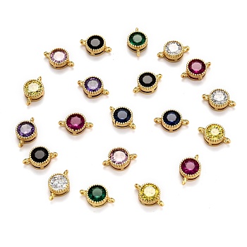 Real 18K Gold Plated Brass Micro Pave Cubic Zirconia Links Connectors, Long-Lasting Plated, Flat Round, Mixed Color, 12x7x3.5mm, Hole: 1.2mm