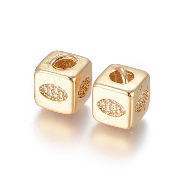 Brass Micro Pave Cubic Zirconia Beads, Long-Lasting Plated, Cube with Horse Eye Pattern, Golden, Clear, Golden, 10x8x8.5mm, Hole: 1.5x3.5mm and 4mm