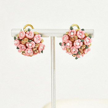 Plastic 3D Flower Hoop Earrings with Cubic Zirconia, Real 18K Gold Plated Alloy Earrings, Pink, 20mm