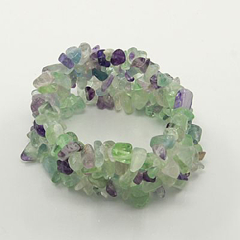 Gemstone Chip Bracelets, Natural Fluorite Chips Jewelry, about 51mm in diameter, 28~32mm wide