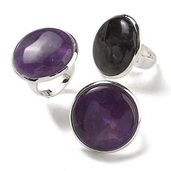 Natural Amethyst Round Adjustable Rings, Lead Free & Cadmium Free, Silver Plated Brass Finger Rings for Women Men, Round: 28mm, Inner Diameter: 18mm