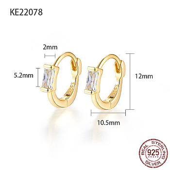 925 Sterling Silver Pave Cubic Zirconia Rectangle Hoop Earrings for Women, with 925 Stamp, Real 18K Gold Plated, Clear, 12x2x10.5mm