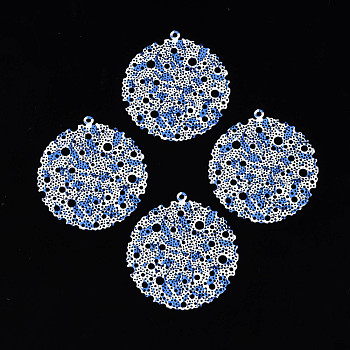 430 Stainless Steel Pendants, Spray Painted, Etched Metal Embellishments, Flat Round with Flower Pattern, White, 45x40x0.4mm, Hole: 1.8mm