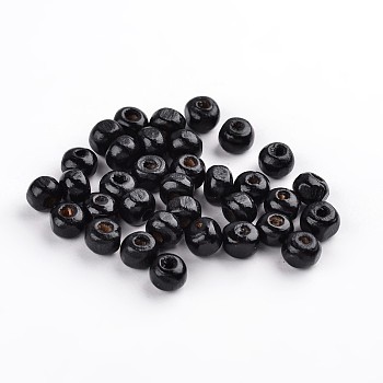 Dyed Natural Wood Beads, Round, Nice for Children's Day Gift Making, Lead Free, Black, about 6~7mm wide, 5~6mm high, Hole: 1.5mm, about 14600pcs/1000g