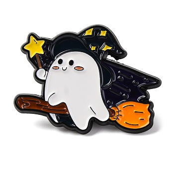 Halloween Enamel Pins, Alloy Brooches for Backpack Clothes, White, Ghost with Broom, 23x29.5mm