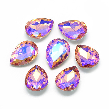 Pointed Back Glass Rhinestone Cabochons, Back Plated, Faceted, AB Color Plated, teardrop, Dark Salmon, 14x10x5mm