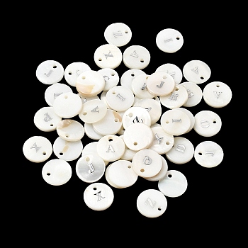 Natural Freshwater Shell Pendants, with Platinum Plated Iron Etched Metal Embellishments, Flat Round with Initial Letter, White, Random Mixed Letters, 11x2mm, Hole: 1.5mm