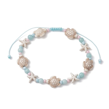 Starfish & Turtle Natural Malaysia Jade & Synthetic Turquoise Braided Beaded Anklet, Ocean Theme Nylon Cords Adjustable Anklets, Inner Diameter: 2-3/4~4-3/8 inch(7~11cm)