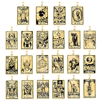 201 Stainless Steel Pendants, Laser Engraved Pattern, Rectangle with Tarot Card Patterns, Golden, 40x24x1mm, Hole: 8x4mm, 22pcs/set