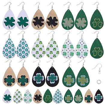 DIY Earring Making, with PU Leather Big Pendants, Brass Earring Hooks and Iron Jump Rings, Teardrop, Green, 56x37x1.5mm, Hole: 1.2mm