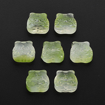Two Tone Transparent Spray Painted Glass Beads, Chinese Zodiac Signs Tiger, Yellow Green, 11.5x12x8mm, Hole: 1mm