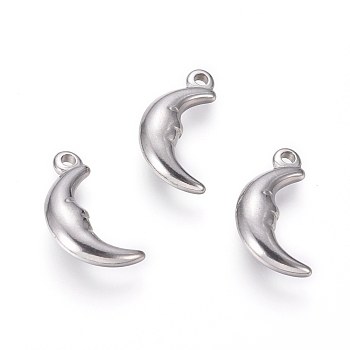 304 Stainless Steel Pendants, Moon, Stainless Steel Color, 16x8x3mm, Hole: 1.4mm
