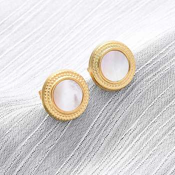 304 Stainless Steel Natural White Shell Stud Earrings, Flat Round, Ion Plating(IP), Real 18K Gold Plated, 13mm