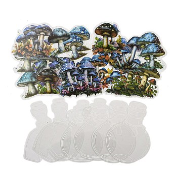 Mushroom with Bottle Waterproof PET Stickers, Decorative Stickers, for Water Bottles, Laptop, Luggage, Cup, Computer, Mobile Phone, Skateboard, Guitar Stickers, Royal Blue, 44~99x42~81x0.1mm, 30pcs/set