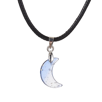Glass Crescent Moon Pendant Necklaces, with Imitation Leather Cords, Royal Blue, 17.60~17.99 inch(44.7~45.7cm)