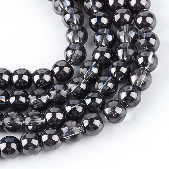 Half Plated Glass Beads Strands, Round, Black Plated, 7.5x8.5mm, Hole: 1mm, about 104pcs/strand, 30.3 inch