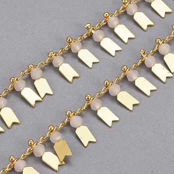 3.28 Feet Handmade Glass Beaded Chains, with Real 18K Gold Plated Brass Curb Chains, Long-Lasting Plated, Soldered, Lead Free & Cadmium Free, Bisque, 2.5x1.8x0.3mm, charms: 9.5x3x3mm