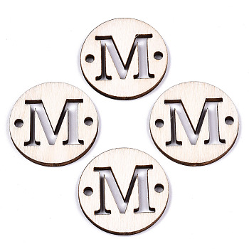 Unfinished Natural Poplar Wood Links Connectors, Laser Cut, Flat Round with Word, Letter.M, 29.5x2.5mm, Hole: 2.5mm