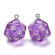 Transparent Acrylic Pendants, with Platinum Plated Iron Findings, Faceted, Dice, Purple, 27.5x20x20mm, Hole: 2mm(MACR-O044-03D)