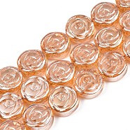 Electroplate Glass Beads Strand, Pearl Luster Plated, Flat Round with Rose Flower, Sandy Brown, 10x4mm, Hole: 0.9mm, about 65~66pcs/strand, 24.80 inch~ 25.20 inch(63~64cm)(EGLA-S188-19-A02)
