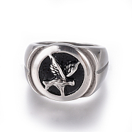 304 Stainless Steel Signet Rings for Men, Wide Band Finger Rings, Bird, Antique Silver, Size 7~12, 17~22mm(RJEW-K228-05AS)