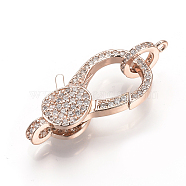 Brass Micro Pave Cubic Zirconia Lobster Claw Clasps, Rose Gold, 25.5x13x5.5mm, Hole: 2mm(ZIRC-S058-17RG)