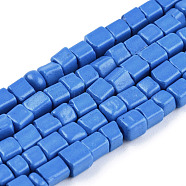 Opaque Spray Painted Glass Bead Strands, Rectangle, Royal Blue, 2~4.5x3.5~4x3.5~4mm, Hole: 1.2mm, about 105~110pcs/strand, 14.88 inch~15.28 inch(37.8~38.8cm)(GLAA-N047-08-A01)