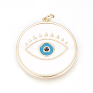 Brass Enamel Pendants, Long-Lasting Plated, Lead Free & Cadmium Free & Nickel Free, Flat Round with Evil Eye, Real 18K Gold Plated, White, 31x28.5x2mm, Hole: 3.5mm(ZIRC-L078-069C-NR)