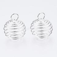 Iron Wire Pendants, Spiral Bead Cage Pendants, Round, Silver, 25~26x20mm, Hole: 5~6mm(IFIN-R231-20mm-S)