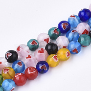 Handmade Lampwork Beads Strands, Round with Heart, Mixed Color, 6mm, Hole: 1mm, about 65pcs/strand, 14.9 inch(X-LAMP-S191-10A)