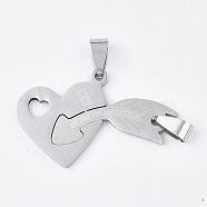 201 Stainless Steel Split Pendants, for Lovers, Heart and Arrow, Stainless Steel Color, 24x40x1mm, Hole: 8x4mm(STAS-T048-41)