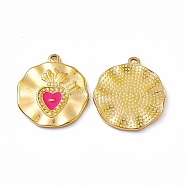 Vacuum Plating 201 Stainless Steel Enamel Pendants, Real 18K Gold Plated, Flat Round with Sacred Heart Charm, Deep Pink, 22x19.5x1.7mm, Hole: 1.3mm(STAS-J401-VC1023)
