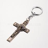 Crucifix Cross Alloy Keychain, with Iron Chain and Rings, For Easter, Antique Bronze, 128mm(KEYC-M019-10AB)