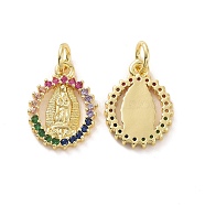 Brass Micro Pave Colorful Cubic Zirconia Pendants, with Jump Ring, Oval with Virgin Mary Charms, Real 18K Gold Plated, 15.5x11x2mm, Hole: 3.2mm(KK-E068-VF130)