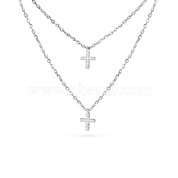 TINYSAND@ CZ Jewelry 925 Sterling Silver Cubic Zirconia Cross Pendant Two Tiered Necklaces, Platinum, 21 inch, 18 inch(TS-N014-S-18)