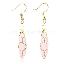 Rose Quartzl Hexagon Handmade Copper Wire Wrapped Earrings Natural Stone Column Earrings, Golden(ND6138-2)