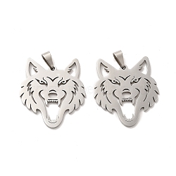 201 Stainless Steel Pendants, Wolf Head Charm, Stainless Steel Color, 31x27x1.5mm, Hole: 6.5x3mm(STAS-K251-001)