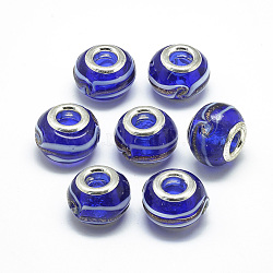 Handmade Lampwork European Beads, with Platinum Brass Double Cores, Large Hole Beads, Rondelle, Blue, 13~15x10mm, Hole: 5mm(LAMP-Q029-01J)