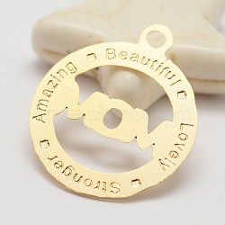 Brass Pendants, Long-Lasting Plated, Flat Round with Words, Golden, 17.5x15x0.5mm, Hole: 1.5mm(X-KK-P068-03)