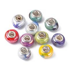 Electroplated Glass European Beads, Large Hole Rondelle Beads, with Silver Color Plated Brass Cores, Mixed Color, 15x10mm, Hole: 5mm(GPDL-J032-M)