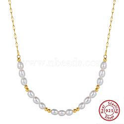 925 Sterling Silver with Natural Pearls Beads Necklaces, Oval, Real 14K Gold Plated, 15.98 inch(40.6cm)(NJEW-Z030-06G)