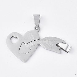 Tarnish Resistant 201 Stainless Steel Split Pendants, for Lovers, Heart and Arrow, Stainless Steel Color, 24x40x1mm, Hole: 8x4mm(STAS-T048-41)