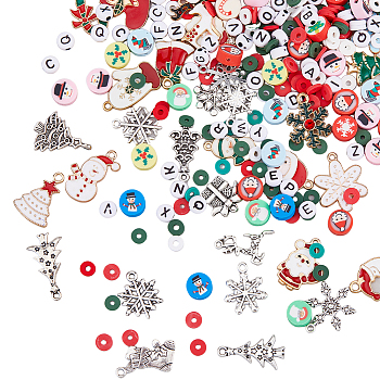 Christmas Themed DIY Jewelry Making Finding Kit, Including Polymer Clay Disc & Acrylic Beads, Alloy Enamel Pendants, Christmas Reindeer & Bell & Candy Cane & Santa Claus & Snowflake, Mixed Color, 6x0.5~1mm, Hole: 1.8~2mm, 4 colors, 5g/color, 20g