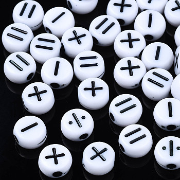 Opaque Acrylic Beads, Flat Round with Arithmetic Symbol, White, White, 7x4mm, Hole: 1.8mm, about 3670pcs/500g