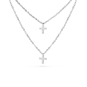 TINYSAND@ CZ Jewelry 925 Sterling Silver Cubic Zirconia Cross Pendant Two Tiered Necklaces, Platinum, 21 inch, 18 inch