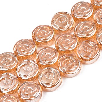 Electroplate Glass Beads Strand, Pearl Luster Plated, Flat Round with Rose Flower, Sandy Brown, 10x4mm, Hole: 0.9mm, about 65~66pcs/strand, 24.80 inch~ 25.20 inch(63~64cm)
