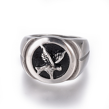 304 Stainless Steel Signet Rings for Men, Wide Band Finger Rings, Bird, Antique Silver, Size 7~12, 17~22mm