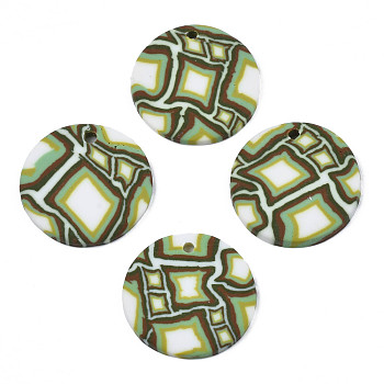 Handmade Polymer Clay Pendants, Flat Round, Light Green, 21.5x2.5mm, Hole: 1.8mm