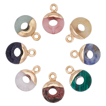 8Pcs 8 Styles Natural & Synthetic Mixed Gemstones Flat Round/Donut Charms, with Rack Plating Golden Tone Brass Loops, 14x10mm, 1pc/style