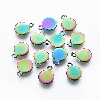 Ion Plating(IP) 304 Stainless Steel Charms, Flat Round, Stamping Blank Tag, Rainbow Color, 9.5x7x0.8mm, Hole: 1.2mm